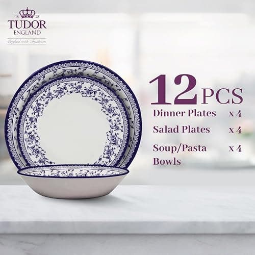 Tudor Royal 12-Piece Round Porcelain Dinnerware Set, Service for 4 - Aster BlueDesign, Multicolor Floral, Plates Bowls Mugs Dishes, Premium Quality Tableware, Unique Pattern, Glossy thumbnail 4