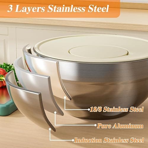 Winproper Mixing Bowls with Lids Set, 6 PCS Stainless Steel Mixing Bowls with 3 Grater Attachments, Kitchen Food Storage Organizers Nesting Mixing Bowl, Large Size 4.5, 3.5, 2.1, 1.5, 1.1, 0.7QT thumbnail 6