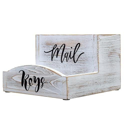 MyGift Shabby Whitewashed Solid Wood Mail Holder and Key Organizer Entryway Storage Tray with Cursive Mail and Keys Word Design, Office Desktop Organizing Bin thumbnail 7