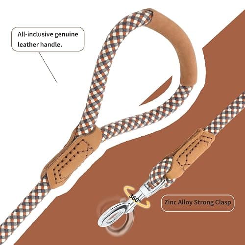 Mile High Life | Premium Leather Dog Leash | Strong Rope Leash | Leather Handle | Zinc Alloy Strong Clasp | Small Medium Large Dogs | 4/5/6 Feet(Brown, 72 Inch (Pack of 1)) thumbnail 3