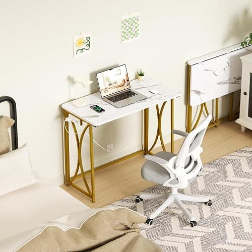 coeztt Folding Desk, 31.5" Small Desk for Bedroom with Power Outlet, Space Saving Foldable Computer Desk for Home Office, Easy Assembly, White and Gold thumbnail 2