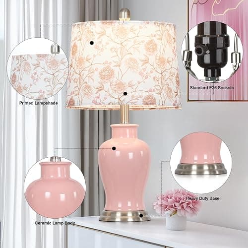 Ruzectt Pink Ceramic Table Lamp with Flower Lampshade, 23" Cute Bedroom Lamp with Ginger Jar Design, Modern Living Room Lamps Set 2, Elegant Bedside Lamps for Nightstand End Table Home Decor thumbnail 4