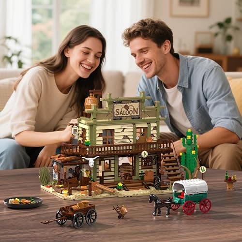 INSOON Western Saloon Building Set with LED Light, Wild West Building Block Toy 1727 PCS, Old West Construction Model with Horse Stable Cowboy Hat, House Building Kit Gift for Adults Teens 12+ thumbnail 8