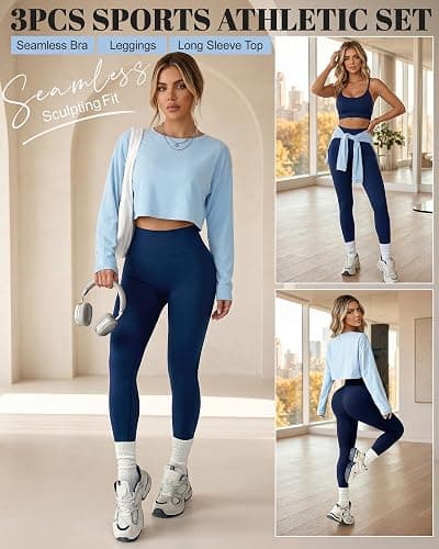 Cutecrop Women 3 Piece Seamless Workout Set High Waisted Leggings Athletic Bra Crew Neck Top Loose Yoga Gym Lounge Outfit thumbnail 5