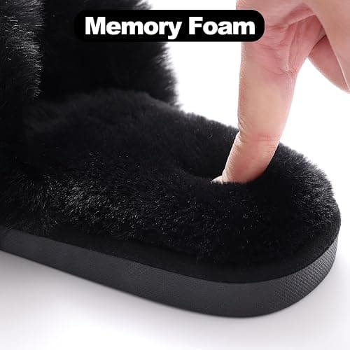 Evshine Women's Fuzzy Slippers Cross Band Memory Foam House Slippers Open Toe thumbnail 5