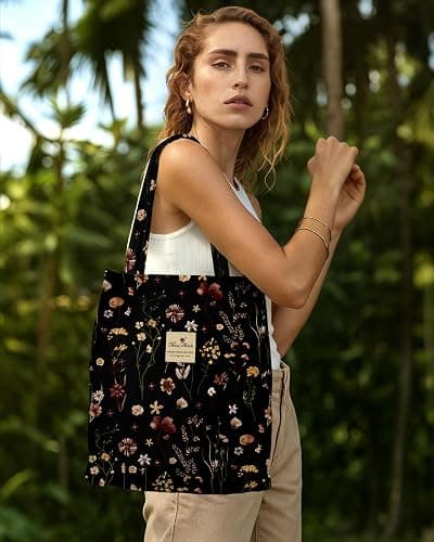 Miss Adola Corduroy Tote Bag for Women with Aesthetic Design | Magnetic Buckle & Pocket, Reusable, Soft, Roomy, Long Shoulder Handles, Double-sided Print, Casual Daily Work, Grocery Bags thumbnail 2