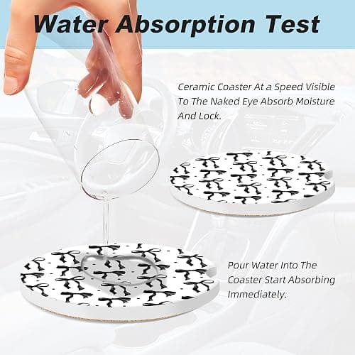 Black Bow Car Coasters for Cup Holders,2 Pack Car Cup Holder Coasters for Car,Ceramic Absorbent Car Coaster with A Finger Notch and Cork Base,Car Interior Accessories for Women Men thumbnail 5