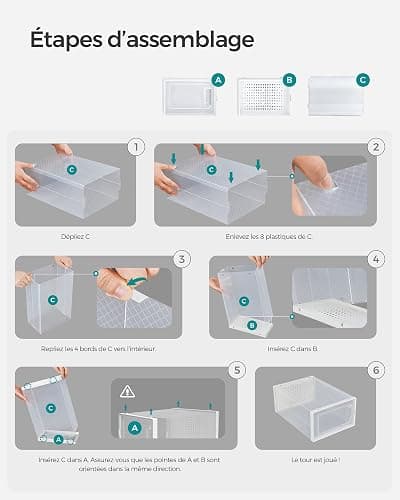 SONGMICS Boîtes à Chaussures, Lot de 18, Rangement Chaussures, Pliable, pour Pointure Jusqu’à 44, Transparent et Blanc LSP18SWT thumbnail 7