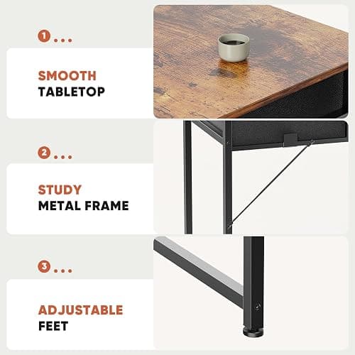DUMOS 32" Home Office Computer Desk with Drawers, Small Gaming Writing Study Table with Storage Side Bag, Headphone Hook and Adjustable Feet for Bedroom Rustic Brown thumbnail 8