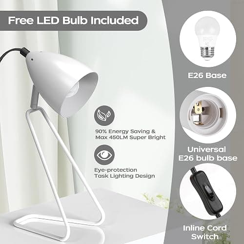 PARTPHONER Table Lamp Set of 2, 350°Rotatable Small Desk Lamp, Modern White Reading Bedside Lamps, Suitable for Study, Bedroom, Office, Dorm, Children's Room, 2 Bulbs Included thumbnail 4