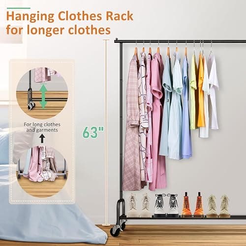 SLEEPING LAMB Heavy Duty Clothing Racks for Hanging Clothes Rack, 43" Wide Rolling Garment Rack Metal Clothing Hanger Rack with Wheels Wardrobe Rack for Coats, Shirts, Dress, (Black) - Black - Single Rod thumbnail 4