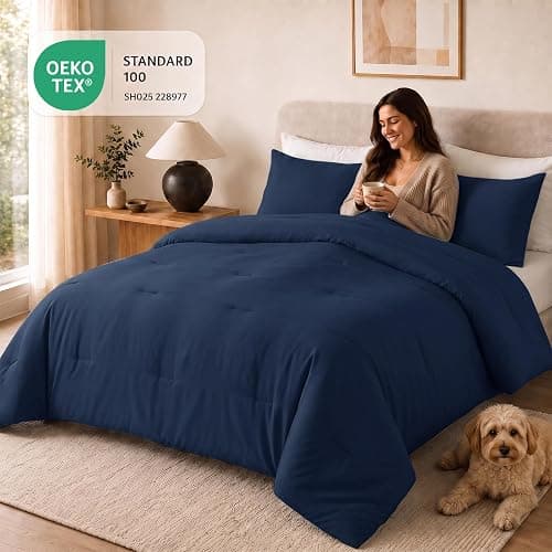 CozyLux Full Comforter Set, 3 Pieces Down Alternative Bedding, Navy Blue | 270 GSM All Season Comforter with 4 Corner Ties for Use as a Duvet Insert, OEKO-TEX Certified, 2 Pillowcases, 82 x 86 in thumbnail 5