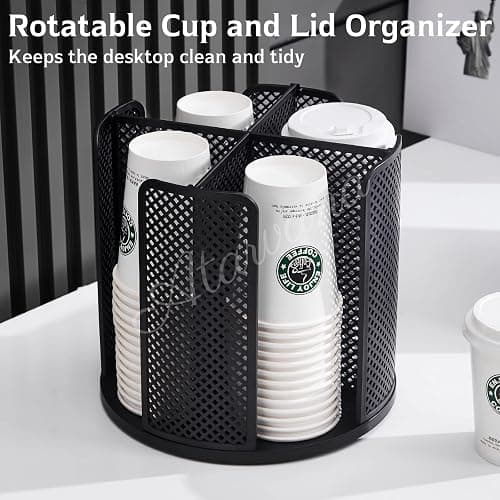 Rotatable Coffee Cup Dispenser with 4 Compartments, Atavarna Cups and Lids Holder for 5-16oz Cups Organizer for Restaurant, Coffee Station, Bar, Office, Home-9.25" x 9.25" x 8.66" - Black thumbnail 4