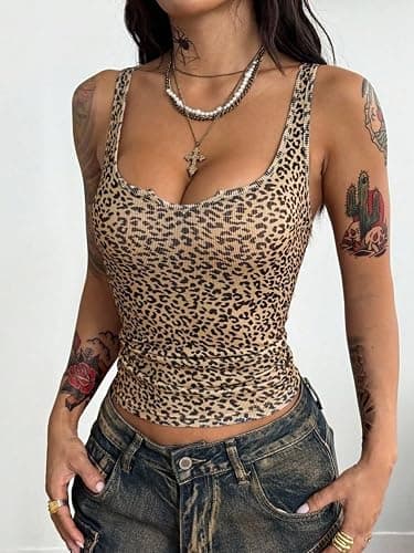 QJQ Women's Leopard Print Tank Tops Y2k Sexy Square Neck Cheetah Sleeveless Cropped Tee Shirt Workout Tops - Image 1