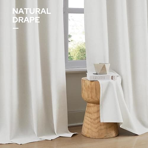 HOMEIDEAS 100% Ivory Cream Linen Blackout Curtains for Bedroom, 52 x 84 Inch Length 2 Panels Faux Linen Thermal Insulated Black Out Grommet Window Drapes for Living Room thumbnail 10