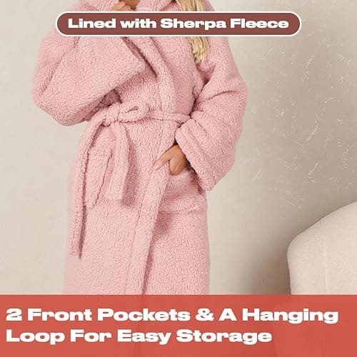 OHS Womens Dressing Gowns Teddy Fleece, Warm Cosy Fluffy Dressing Gown Bathrobes Women Hooded Luxury Oversized Ladies Mens Dressing Gown, One Size thumbnail 4