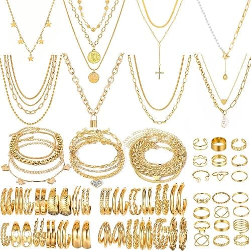 HaHaGirl Gold plate and Silver Plated Jewelry Sets for Women Costume Jewelry Chain Necklace Bracelet Earrings and Rings Sets for Women - Image 1