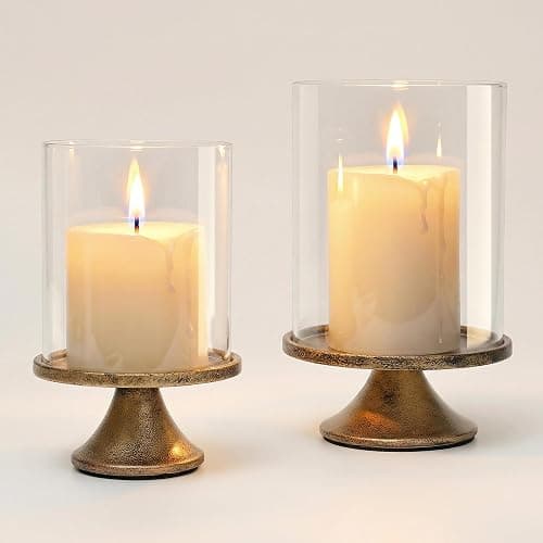 Set of 2 Hurricane Candle Holder Set with Glass Dome & Iron Base | Elegant Decorative Pillar Candle Holders for Living Room, Dining Room & Bedroom Centerpiece - Ideal Home Décor thumbnail 9
