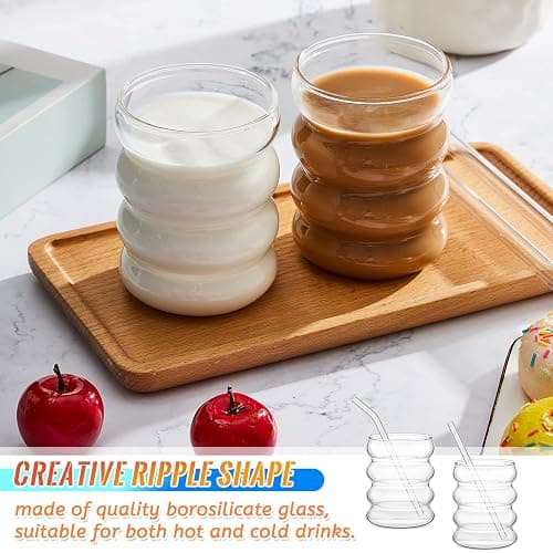 Tessco for you 4 Pcs Creative Glass Cups Vintage Drinking Glasses Ribbed Glassware Aesthetic Cup Entertainment Dinnerware Glassware with Straws Set for Kitchen Coffee Beverage(13.5 oz,Clear) thumbnail 2