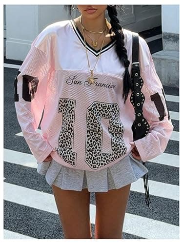 Floerns Women's Y2K Long Sleeve Oversized Jersey Shirt V Neck Leopard Number Graphic Tee - X-Small - Pink Multi thumbnail 4