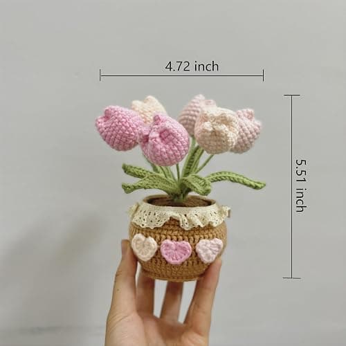 JOMODECOR Handmade Crochet Tulip Bouquet Potted Plants, Knitted Artificial Forever Flowers with Exquisite Pot,Gift to Friends Women Kids,Perfect for Home Decorations, Office Desk(Pink) thumbnail 2