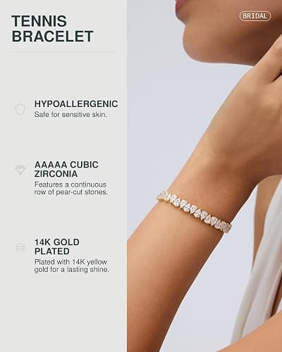 PAVOI 14K Gold Plated Tennis Bracelets for Women, Bridal Pear CZ Bracelet | Gold Tennis Bracelet with Pear Cubic Zirconia, Hypoallergenic Wedding Jewelry Gift thumbnail 2
