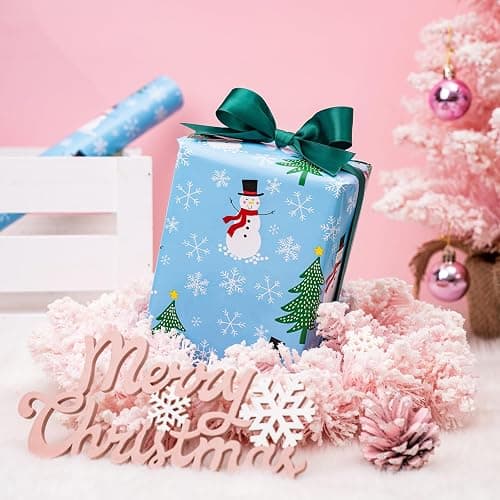 LeZakaa Christmas Wrapping Paper for Kids, Mini Roll, Red Truck, Snowman Christmas Tree in Blue & Pink Candy Cane Reversible Design for Winter Holiday Family Gathering, 17 inches x 32.8 Feet thumbnail 4