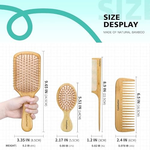 100% Bamboo Hair Brushes and Comb Set by Combetter, Comb for Women and Detangling, Great on All Hair, Eco-Friendly and Handmade for Women Men and Kids thumbnail 5