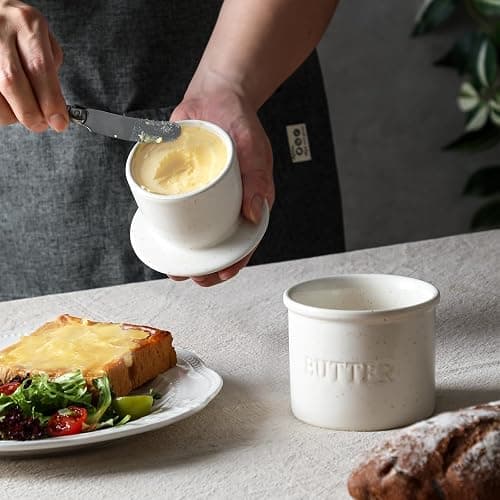 Butter Crock with Lid for Countertop - Ceramic French Butter Dish for Spreadable Soft Butter, Butter Container Holder with a Water Seal, Housewarming Gift, Kitchen and Home Decor, Speckled White thumbnail 2