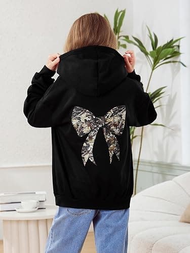 RoseSeek Girl's Bow Camo Graphic Hoodies Long Sleeve Hooded Sweatshirt Preppy Cute Pullover Tops thumbnail 4
