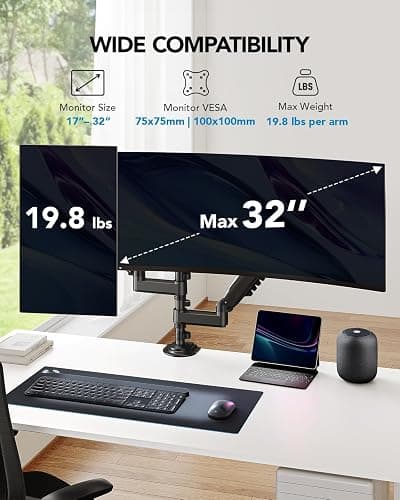 HUANUO 17-32 Inch Dual Monitor Stand, Gas Spring Dual Monitor Mount, Monitor Stand 2 Monitors, Ergonomic Adjustable Tilt/Swivel/Rotate, Weight Max 19.8 lbs, VESA 75/100mm thumbnail 2