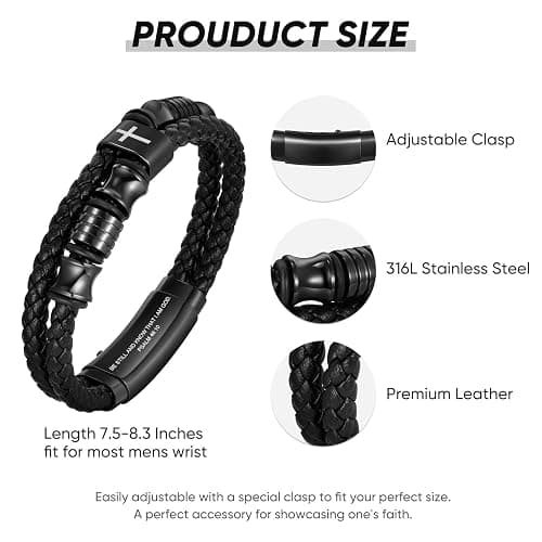 TempBeau Christian Cross Leather Bracelet for Men - Double-Row Braided Leather Faith Cross Bracelets for Mens Bible Verse Religious Baptism Jesus Jewelry Gifts for Men Teenage, Adjustable Wristband thumbnail 5