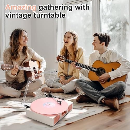 Vinyl Record Player with Built-in Speakers 3-Speed Vintage Record Player Support Treble& Bass Control, 3.5mm Headphone Jack, RCA-Out/Aux in, Belt-Driven LP Turntable,White Rose Gold thumbnail 9