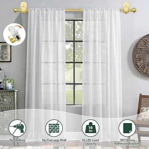 KAMANINA Curtain Rods No Drilling for Windows 32 to 86 Inches, 5/8 Inch Diameter Adjustable Drapery Pole with Adhesive Brackets, Gold thumbnail 3