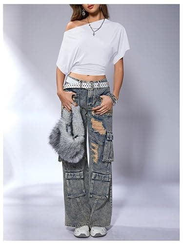 SweatyRocks Women's Off The Shoulder Crop Tops Asymmetrical Y2K Going Out Top Dolman Short Sleeve 2026 Summer Trendy Clothes thumbnail 4