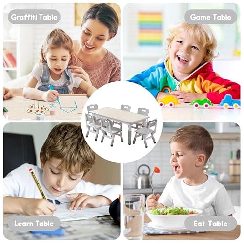 Kids Table and Chairs Set, Height Adjustable Desk With 6 Seats for Ages 2-12,Arts & Crafts Table,Graffiti Desktop, Non-Slip Legs, Max 300lbs, Children Multi-Activity Table for Classrooms,Daycares,Home thumbnail 6