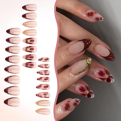 LunarCharm 24 Stück rote French-Tip-Aufdrücknägel, kurze mandelförmige Kunstnägel mit 3D-Goldstreifen-Perlendesign, Blumen-Kunstnägel, Acryl-Nagelspitzen zum Aufkleben thumbnail 4
