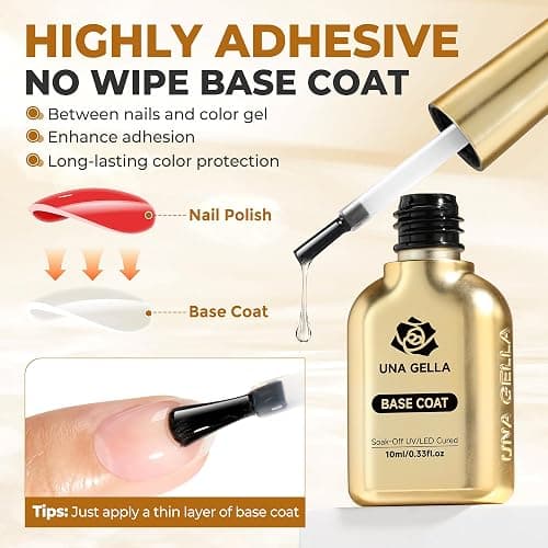 UNA GELLA No Wipe 2PCS Gel Top Coat Base Coat Set, Highly Glossy Top Coat Gel Nail Polish Strengthen and Acid-Free Clear Nail Base Soak Off, Key to Manicure for Her (U V Cure Need) thumbnail 5