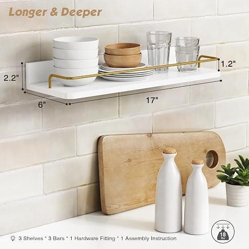 Forbena Gold Floating Shelves for Wall Decor Set of 3, Bathroom Shelves Over Toilet, Modern Display Wall Shelf with Guard Rail for Living Room Bedroom Organizers and Storage - White and Gold thumbnail 3