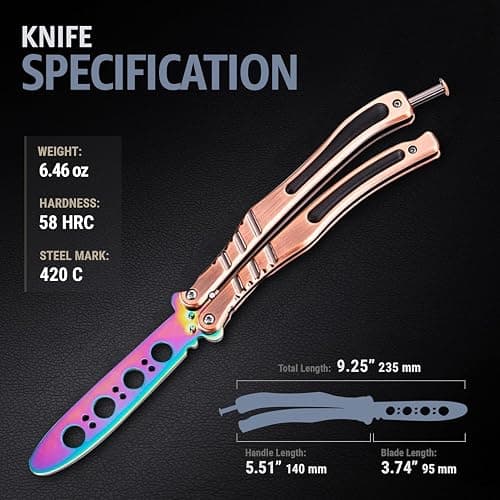 Butterfly Knife - Balisong Trainer - Multicolor Practice Butterfly Trainer with Sure Spring Latch - Balisong Knives NOT Real NOT Sharp Blade - Full Stainless Steel Fake Dull Trick CSGO Fidget Toy K01A thumbnail 3
