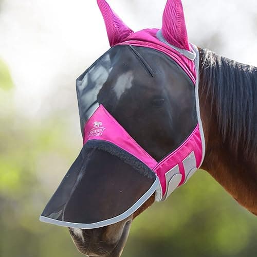 Harrison Howard CareMaster Pro Luminous Horse Fly Mask Large Eye Space Long Nose with Ears UV Protection for Horse Flamingo (L; Full Size) - Image 1