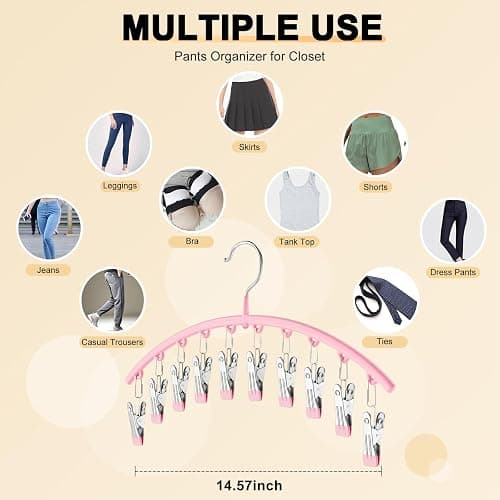 Legging Organizer for Closet, Metal Yoga Pants Hangers 2 Pack w/10 Clips Holds 20 Leggings, Space Saving Hanging Closet Organizer w/Rubber Coated Closet Organizers and Storage, Pink thumbnail 5