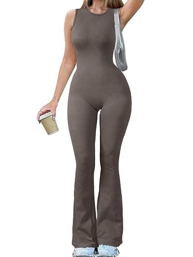OQQ Women Yoga Jumpsuits Ribbed Crew Neck Sleeveless Bell Bottoms Flare Jumpsuits - Small - Tea Leaf - Image 1
