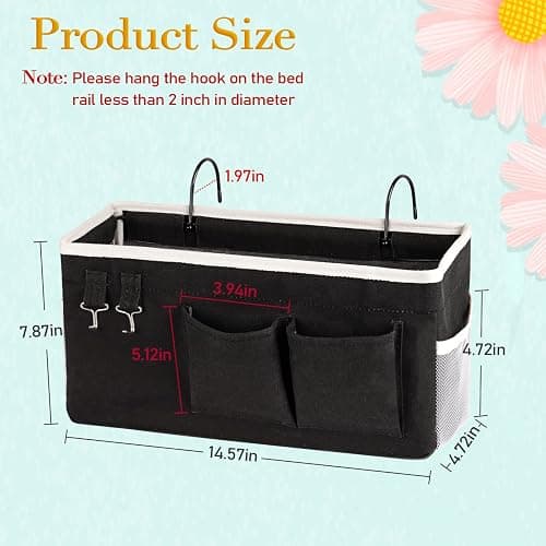 Ozzptuu Bedside Storage Caddy/Bedside Hanging Storage Bag for Headboards Bunk Beds Dorm Rooms Book Phone Magazine Holder (2PC Black) thumbnail 2