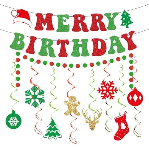 Gameza Christmas Birthday Decorations, 15PCS Glittery Merry Birthday Banners Hanging Swirls Decor, Xmas Happy Bday Party Decor for Girls Boys - Image 1