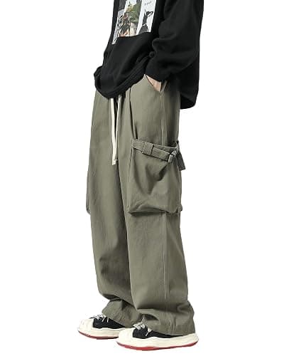 PRIJOUHE Men's Baggy Cargo Pants Casual Loose Fit Wide Leg Pants with Elastic Drawstring Waist - Image 1