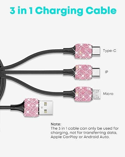 Bling USB Car Charger 5V 2.4A Pink Crystal Decor Dual Port Fast Adapter with 4ft Nylon Type C Micro USB 3 in 1 Multi Charging Cable for iPhone iPad Android, Auto Interior Accessories for Women - Pink thumbnail 3