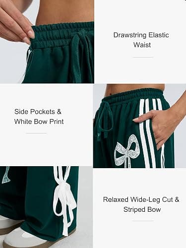 Tenbird Wide Leg Sweatpants for Women High Waisted Baggy Sweatpants | Side Pockets, Relaxed Fit, Elastic Drawstring Waist, Striped, Vintage Y2K, Bow graphic Sweatpants, Breathable, Casual thumbnail 5