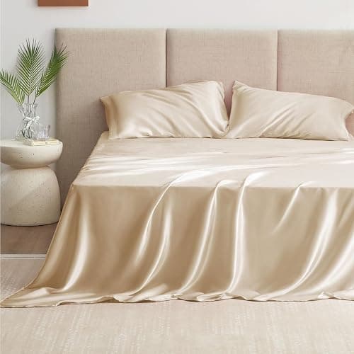 Love's cabin Full Size Satin Sheet Sets - 4 Piece Beige Silky Sheet Set with Deep Pocket, Luxury Silk Feel Satin Sheets Full Bedding Set (1 Flat Sheet,1 Fitted Sheet,2 Pillow Cases) thumbnail 4