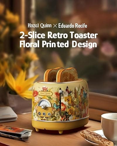 Hazel Quinn X Eduardo Recife Collaboration 2-Slice Retro Toaster, 6 Browning Levels, 3 Functions-Defrost/Reheat/Cancel, Removable Crumb Tray for Easy to Clean, 1.5 Inches Extra Wide Slots thumbnail 2